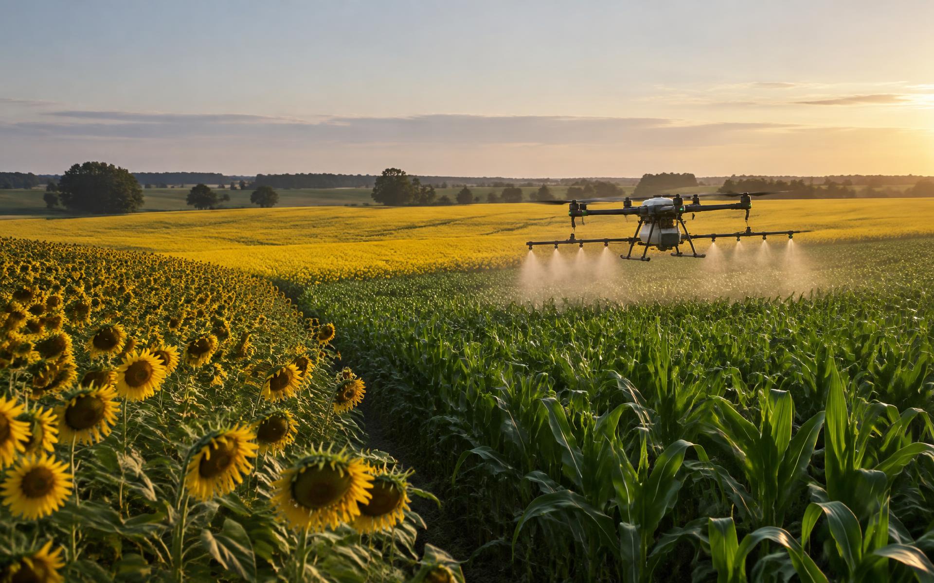 Dron rolniczy nad polami kukurydzy, rzepaku i słonecznika