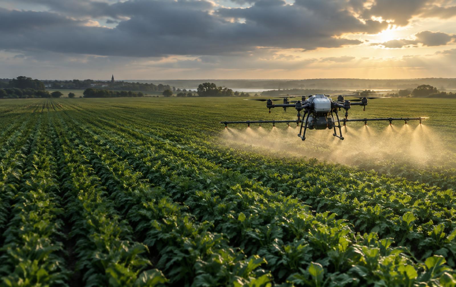 Dron rolniczy wykonujący oprysk nad zielonym polem